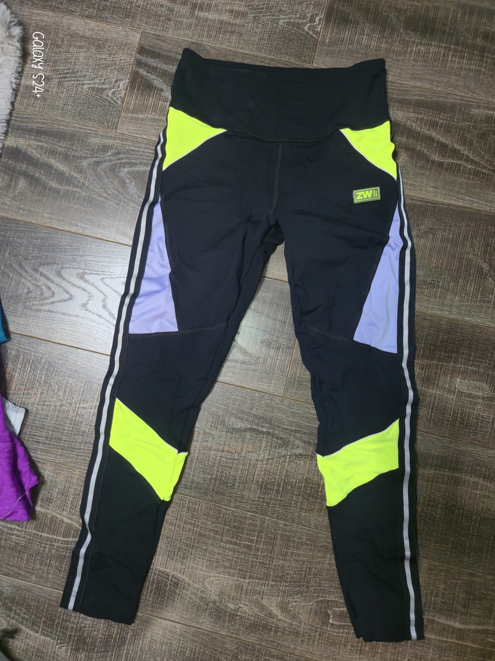 Zumba Fitness Black Leggings with Neon Yellow & Lavender Panels
